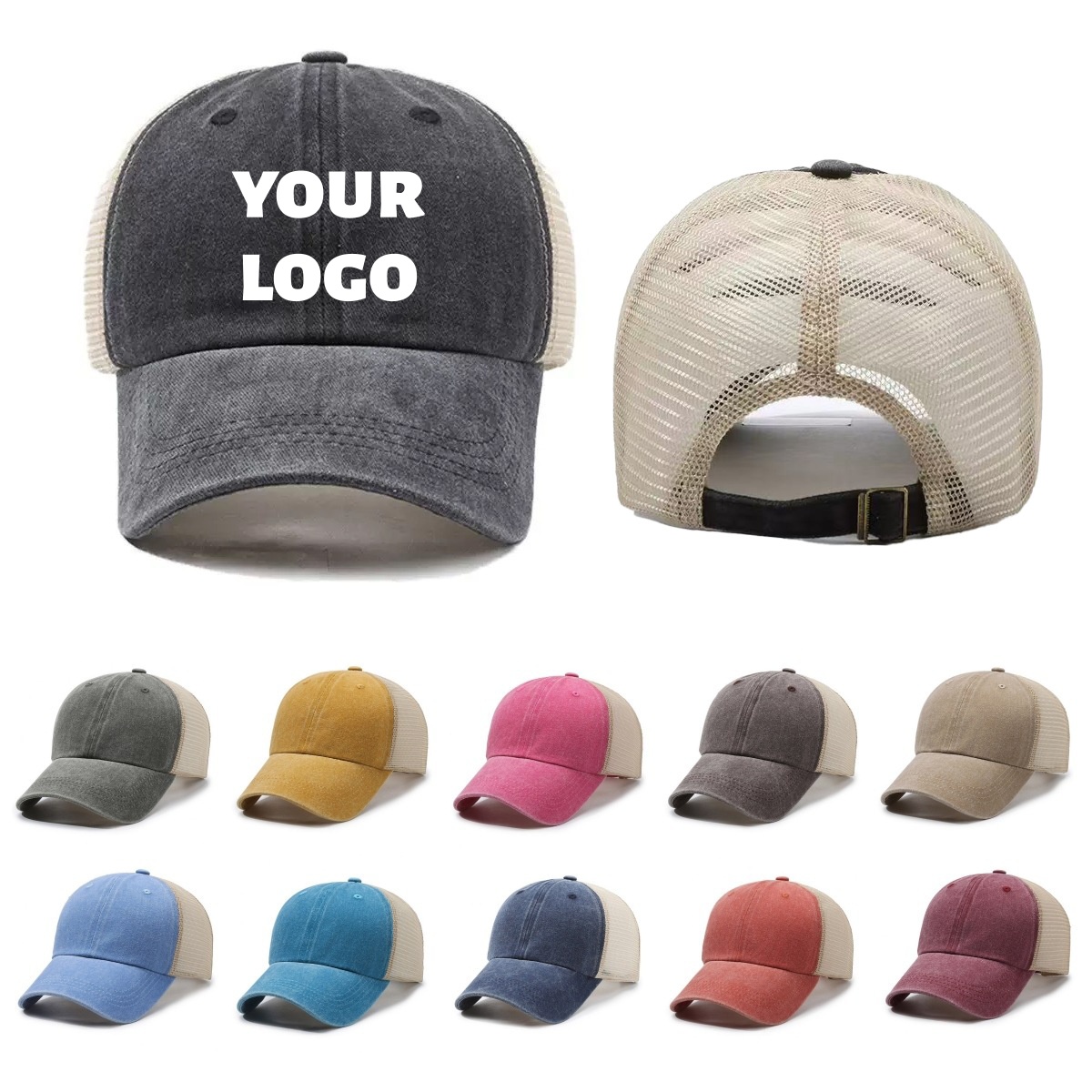 Visor Sun Hat - قبعة بيسبول شبكية مغسولة بشعار مخصص،