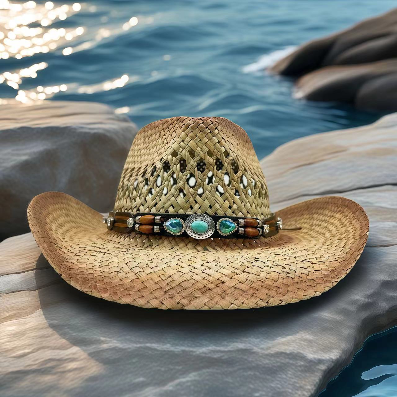 Cowboy Hat Straw - قبعة رعاة البقر المرصعة بالأحجار الكريمة،